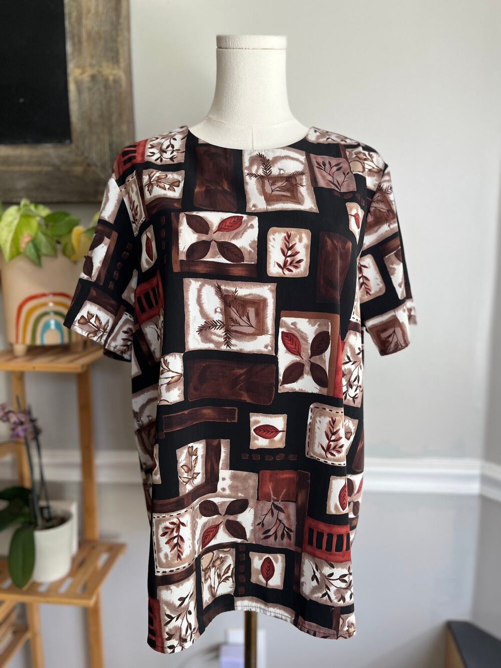 Vintage 80s Leaf Print Blouse Black Red Size XL